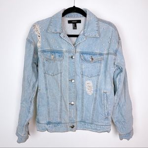 FOREVER 21 Retro Distressed Blue Denim Faux Pearls Jean Jacket S